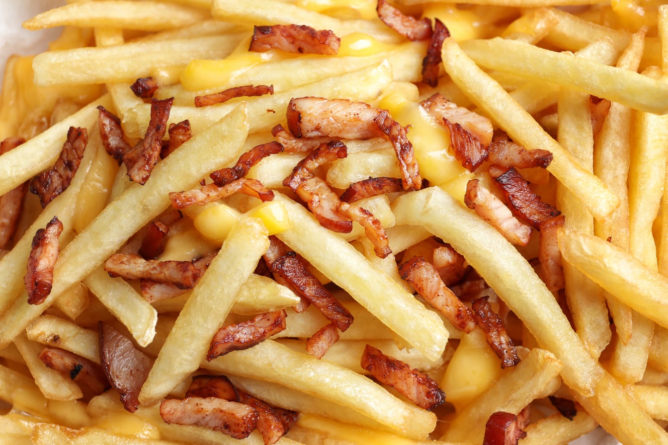 French Fries with Bacon and Cheese, Closeup